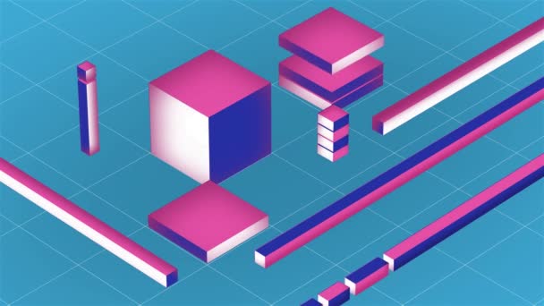 3D-geometrische Formen auf blauem Gitterhintergrund, Animation des Bewegungsdesigns. Konstruktion und Gestaltung, Modellierung, Erstellung von 3D-Objekten — Stockvideo