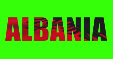 Arnavutluk ülkesi yeşil ekran 4K 'da bayrak animasyonuyla kelime metni yazıyor. Krom anahtar arkaplanı.
