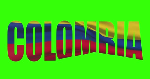 Colombia Land Belettering Woord Tekst Met Vlag Zwaaien Animatie Groen — Stockvideo