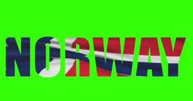 Norveç ülkesi yeşil ekran 4K 'de bayrak sallayan kelime metni yazıyor. Krom anahtar arkaplanı.