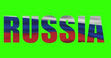 Rusya ülkesi yeşil ekran 4K 'de bayrak animasyonu ile kelime metni yazıyor. Krom anahtar arkaplanı.