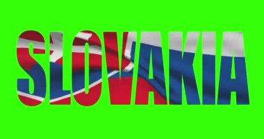Slovakya ülkesi yeşil ekran 4K 'de bayrak hareketleriyle kelime metni yazıyor. Krom anahtar arkaplanı.