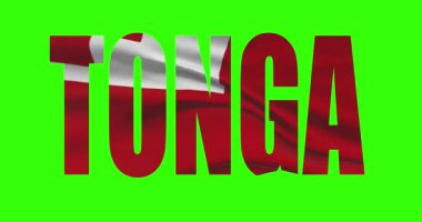 Tonga ülkesi yeşil ekran 4K 'de bayrak hareketli kelime metni yazıyor. Krom anahtar arkaplanı.