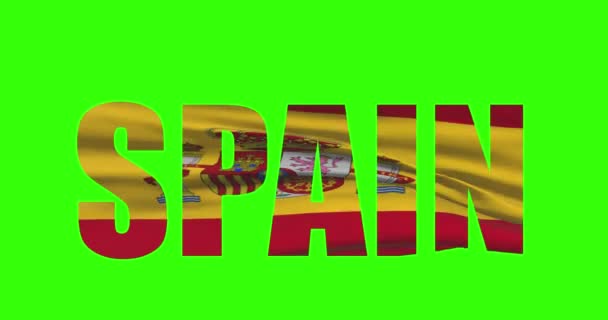 Spanien Land Bokstäver Ordtext Med Flagga Viftande Animation Grön Skärm — Stockvideo