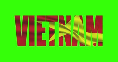 Vietnam ülkesi yeşil ekran 4K 'de bayrak sallayarak kelime metni yazıyor. Krom anahtar arkaplanı.