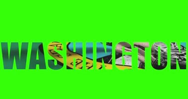 Washington eyaleti ismi yeşil ekran animasyonunda. ABD bayrağı dalgalanıyor.