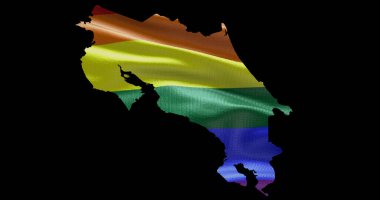 Kosta Rika ülke sınırları siyah zemin üzerinde LGBT gökkuşağı bayrağı ile şekillendirilmiş.