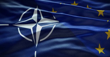 New York, ABD - 21 Haziran 2022: Avrupa Birliği ve NATO ilişkileri. Politika ve diplomasi haberleri. 3D illüstrasyon, İllüstrasyon Editörü.