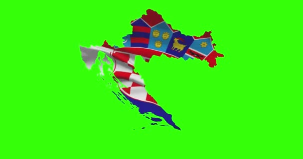 クロアチア国旗がアニメーションを振って緑の画面上の国の形状アウトライン — ストック動画