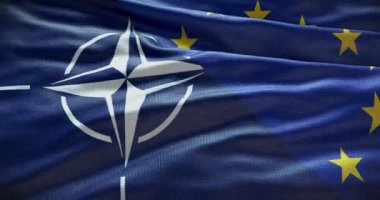 New York, ABD - 21 Haziran 2022: Avrupa Birliği ve NATO ilişkileri. Politika ve diplomasi haberleri. Sallanan bayrak arkaplan 4K, İllüstrasyon Editörü.