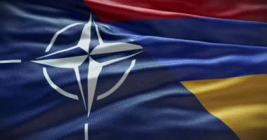 New York, ABD - 21 Haziran 2022: Ermenistan ve NATO ilişkileri. Politika ve diplomasi haberleri. Sallanan bayrak arkaplan 4K, İllüstrasyon Editörü.