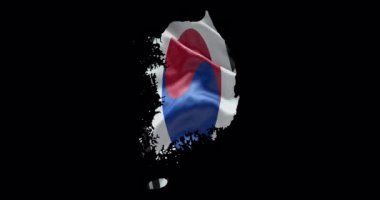 Güney Kore haritası, dalgalı bayrak arkaplanı. Ülkenin Alfa Kanalı ana hatları.