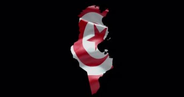 Sallanan bayrak arkaplanlı Tunus haritası. Ülkenin Alfa Kanalı ana hatları.