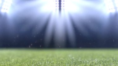 Stadyum ışıkları ve spot ışıkları. Çimenli spor stadyumu.