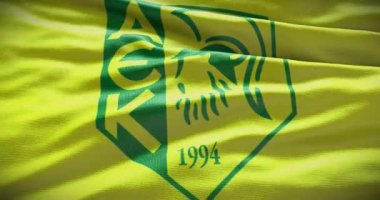 Barselona, İspanya - 17 Eylül 2022: AEK Larnaca futbol kulübü, futbol takımı logosu. Döngü animasyonu, İllüstrasyon Editörü.