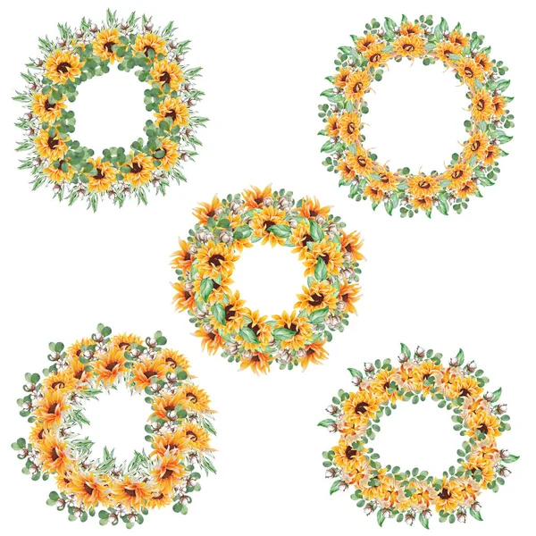 Gold Sunflower Wreaths Fall Watercolor Clipart Set — Stock Photo, Image
