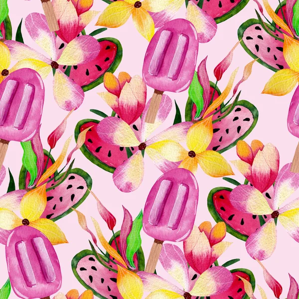 Watercolor Ice Cream Popsicles Seamless Pattern Perfect Use Web Print — Stok Foto