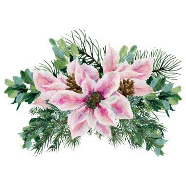 Watercolor christmas poinsettia composition, perfect to use on the web or in print