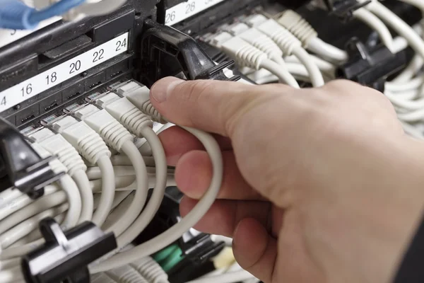 Netwerkkabel aansluiten in een patch panel — Stockfoto