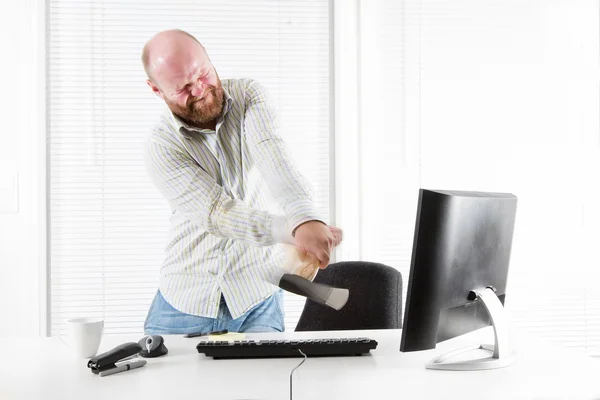 Angry Office worker Attach Monitor with Axe — Stock Photo, Image