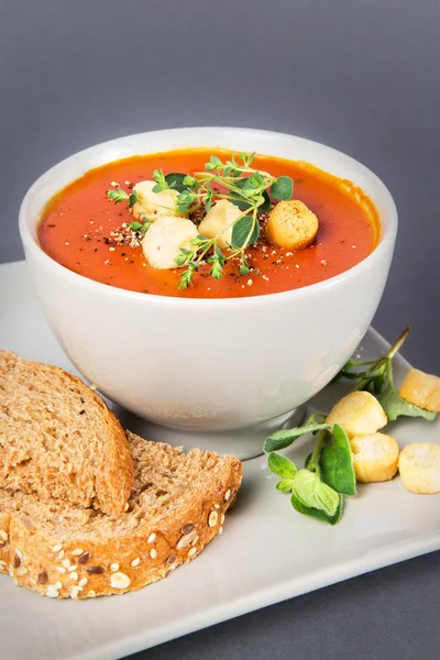 Чаша с томатным супом с гренками и травами — стоковое фото