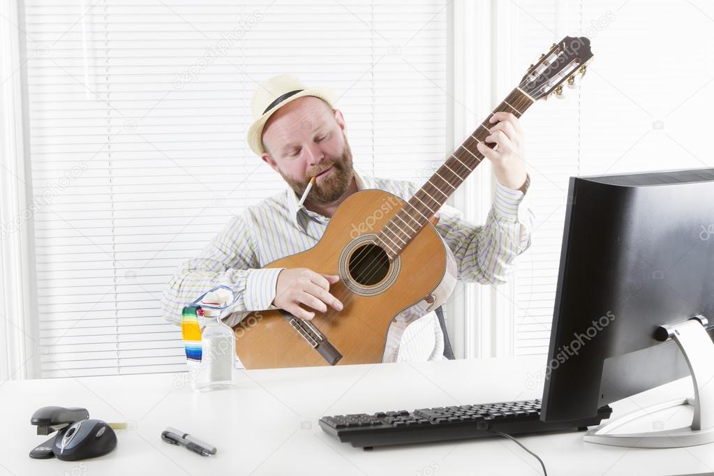 Businessman Play Guitar, Drink and Smoke