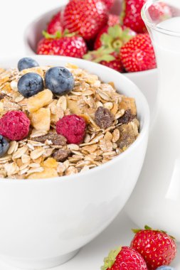 kase taze meyveleri ve süt ile müsli