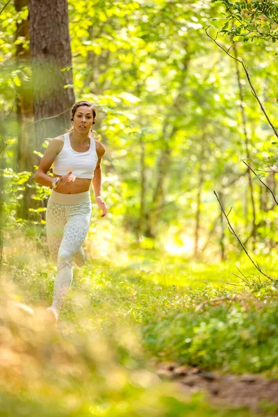 Подтянутая женщина бежит в лесу во время тренировки на выносливость — стоковое фото
