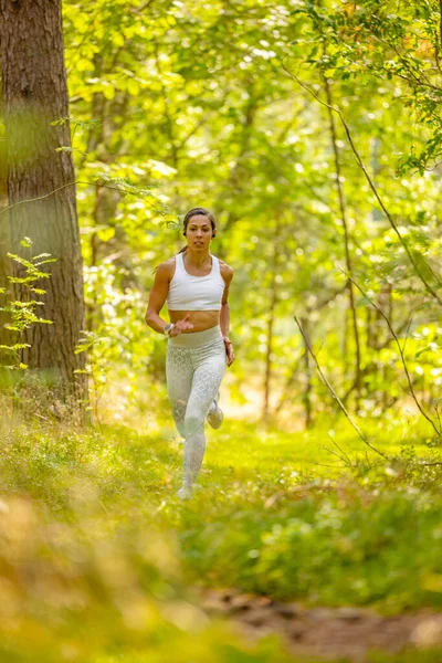 Passform kvinna kör i skogen under uthållighetsträning — Stockfoto