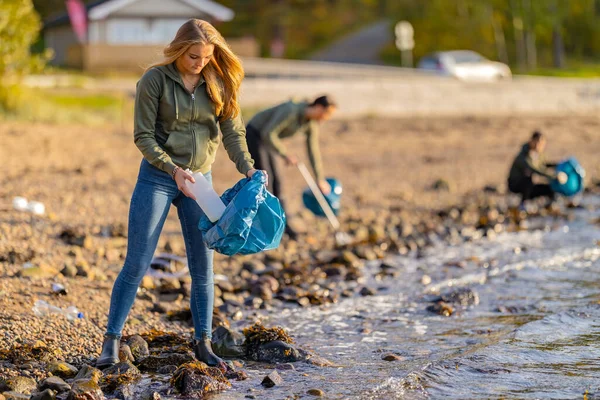 专心致志的年轻女子弯腰捡起垃圾 在阳光明媚的日子 志愿者们正在清理石滩 他们正在保护大自然不受污染 图库图片