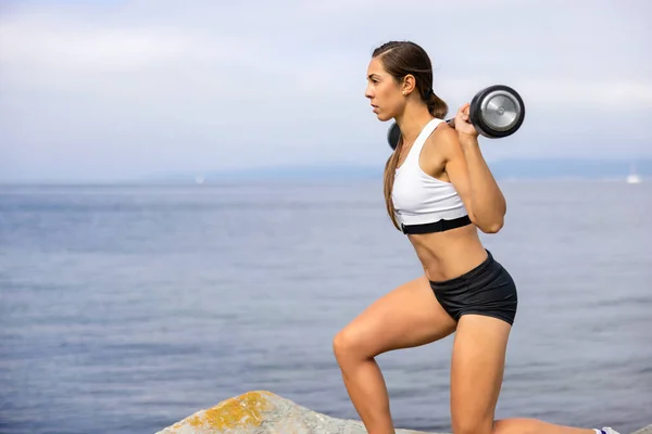 Side View Female Athlete Exercising Barbell Sea High Intensity Interval — Stock Fotó
