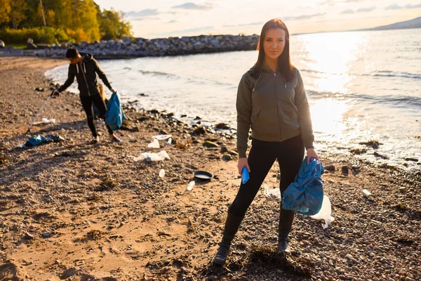 Full Length Portrait Serious Young Woman Holding Garbage Bag Volunteers — Foto de Stock