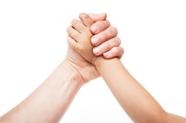 Adult Hand Measured Hand Small Child White Background Concept Struggle — Zdjęcie stockowe
