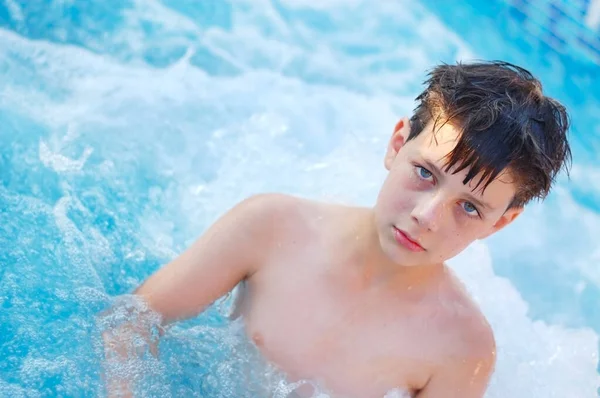 Sad Boy Standing Pool Summer Chest Water Fun Because Already — стоковое фото