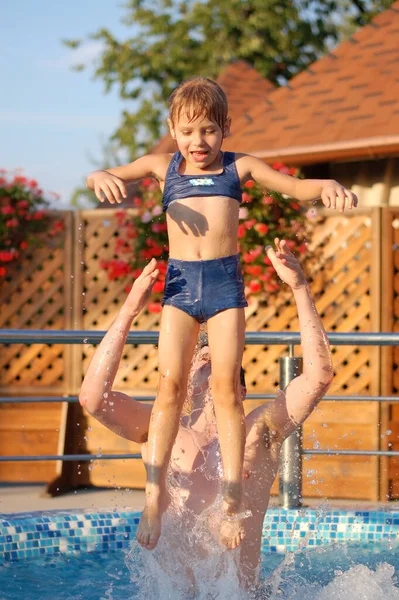 Father Daughter Bathing Open Air Pool Daddy Throws Girl Very Стоковое Изображение