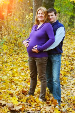 Hamile bir kadın ve kocası sonbahar parkında yürüyorlar. Koca hamile karısına sarılıyor ve gülümsüyor. Gelecekteki aileler sık sık birlikte yürürler.