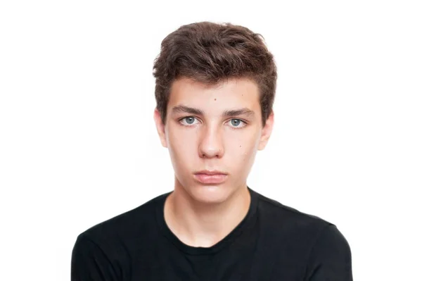 Retrato Chico Triste Pelo Oscuro Con Una Camiseta Negra Adolescencia —  Fotos de Stock