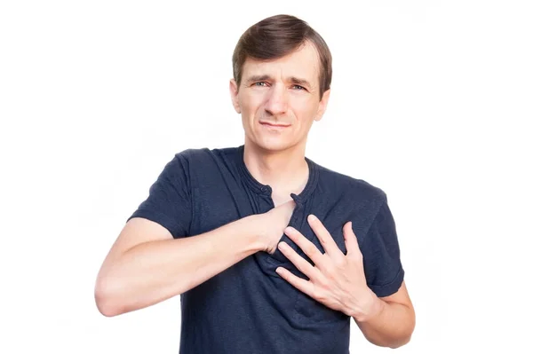 Middle Aged Man White Background Face Feels Pain Held Two — Stockfoto