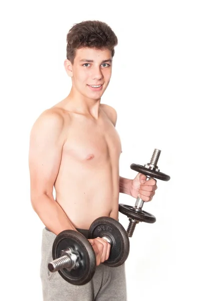 Beautiful Strong Sporty Teenager Raises Big Dumbbells Smiles White Background — 图库照片