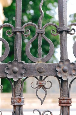 Part of the old forged fence against the background of nature. The fence has already started rusting because it is necessary to paint it with a special paint. Vertical