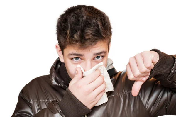 Affected Cold Teenager Wipes His Nose Handkerchief White Background Shows — 图库照片