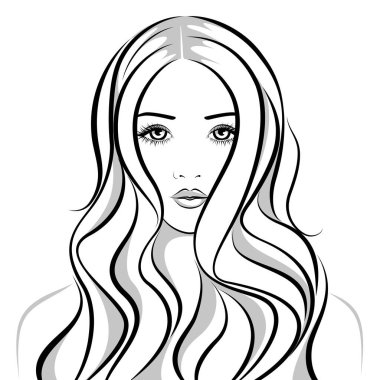 Beyaz arka planda izole edilmiş, siyah, beyaz ve gri renkli, harika uzun dalgalı saçlı güzel bir kadının vektör portresi.