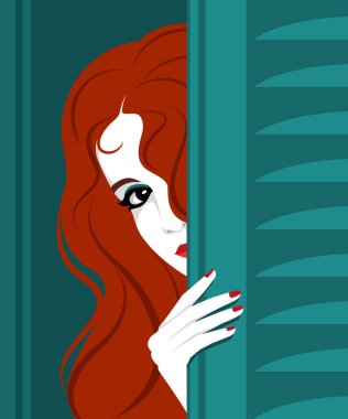 Yeşil kapının ya da pencerenin arkasında saklanan uzun dalgalı saçlı güzel, kızıl saçlı bir kadının vektör portresi.
