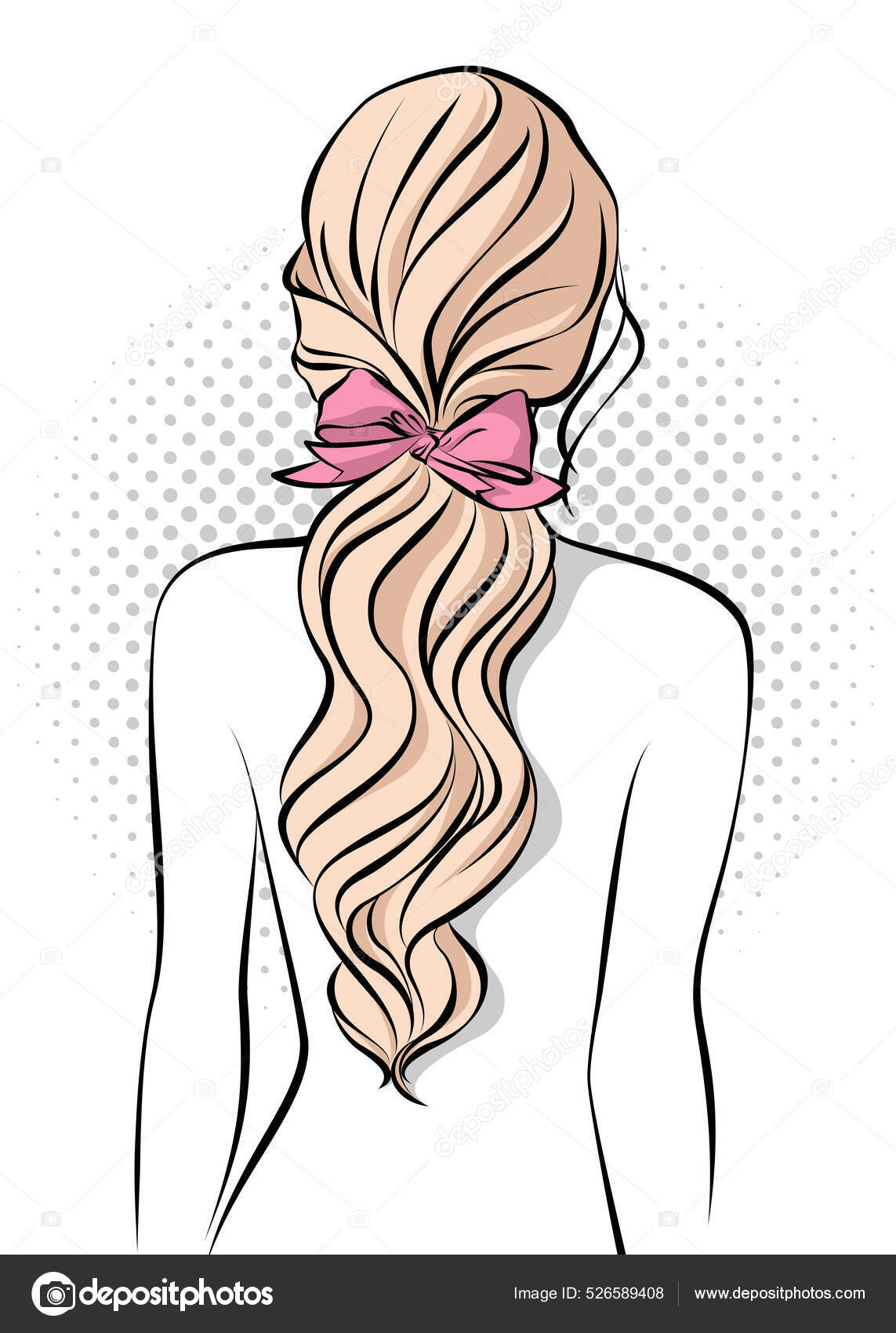 Blonde Girl Long Wavy Hair Ponytail Pink Bow Back View Stock Vector Image  by ©marzacz #526589408