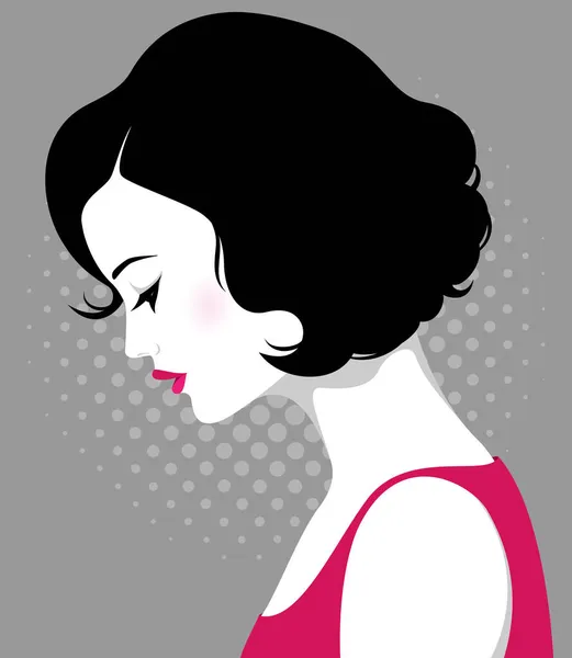 Hermosa Joven Mujer Reflexiva Con Pelo Negro Ondulado Labios Rosados — Vector de stock