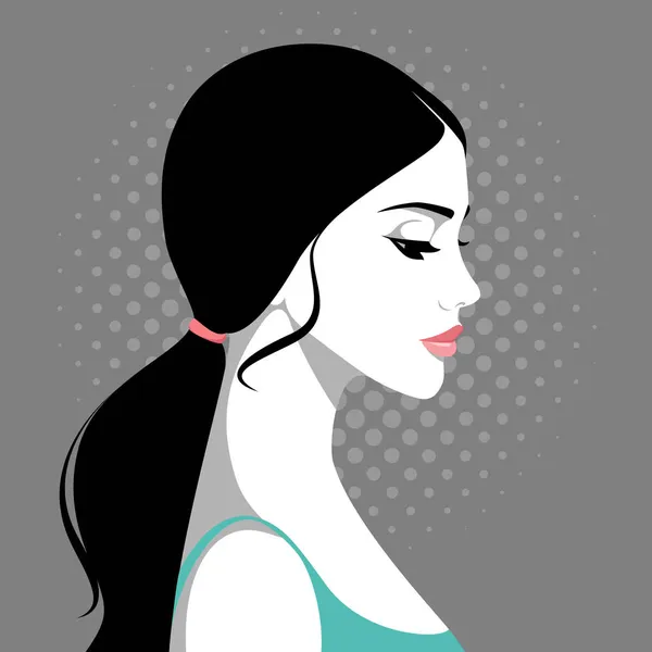 Beautiful Young Woman Long Black Ponytail Full Red Lips Dotted — Stock Vector