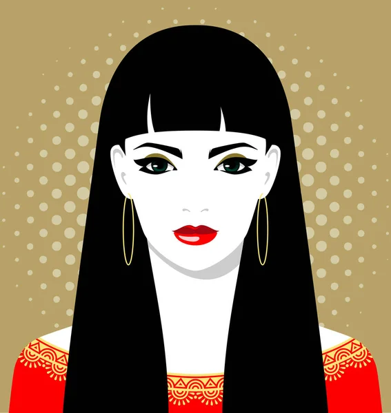 Красивая Молодая Женщина Длинными Прямыми Черными Волосами Носить Красное Платье — стоковый вектор