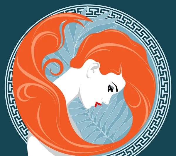 装飾的な古典的なパターンと背景にヤシの葉と丸いフレーム内の頭を曲げ長い波状飛行髪と赤い唇を持つ美しいロマンチックな若い赤毛の女性は アール ヌーヴォー様式の美しさの肖像画 プロフィールビュー — ストックベクタ