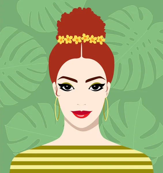 Beautiful Smiling Redhead Woman Yellow Flowers Her Hair Wearing Large — Stock Vector