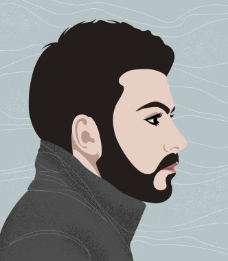 Gri paltolu yakışıklı genç adamın portresi, profil, dokulu arka plan, vektör çizimi